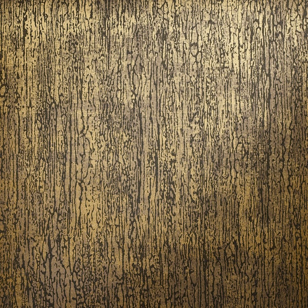 Gold wallcovering with a plain textured surface, dark brown vertical streaks and a metallic finish.