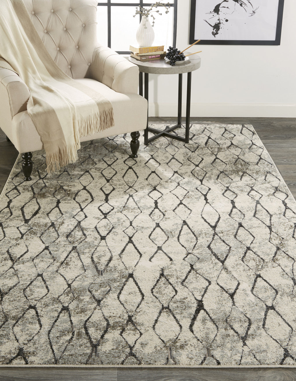 7' X 10' Ivory Gray And Taupe Abstract Stain Resistant Area Rug