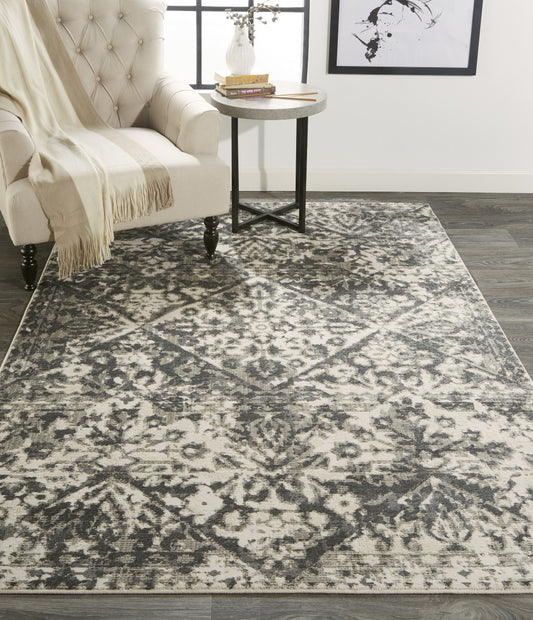 5' X 8' Gray Ivory And Silver Abstract Stain Resistant Area Rug