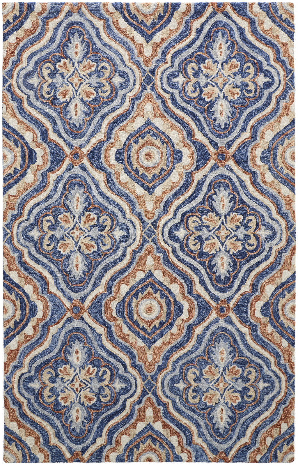 5' X 8' Blue Orange And Ivory Wool Geometric Tufted Handmade Stain Resistant Area Rug