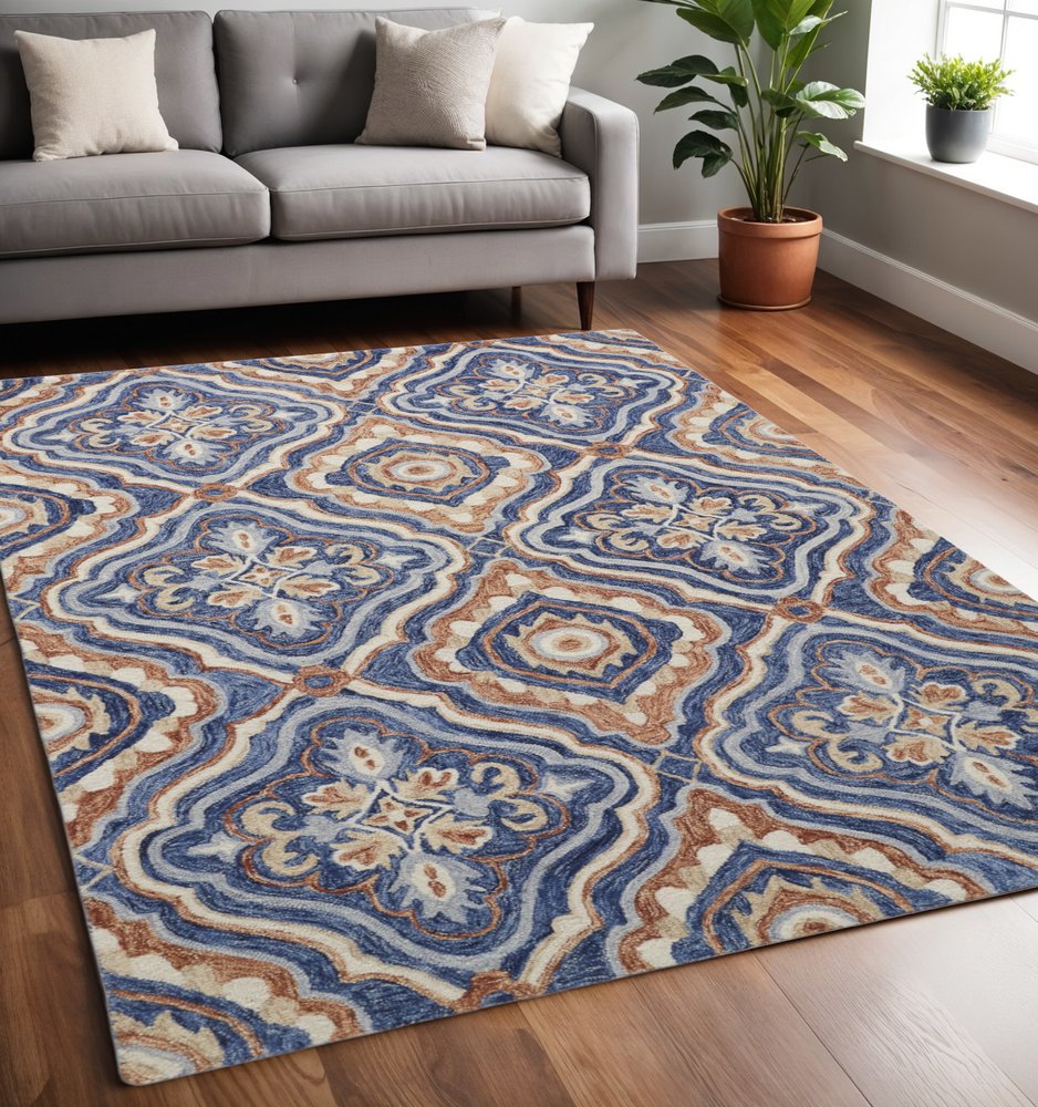 5' X 8' Blue Orange And Ivory Wool Geometric Tufted Handmade Stain Resistant Area Rug