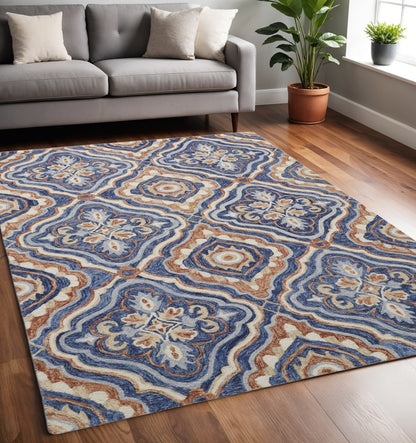 5' X 8' Blue Orange And Ivory Wool Geometric Tufted Handmade Stain Resistant Area Rug