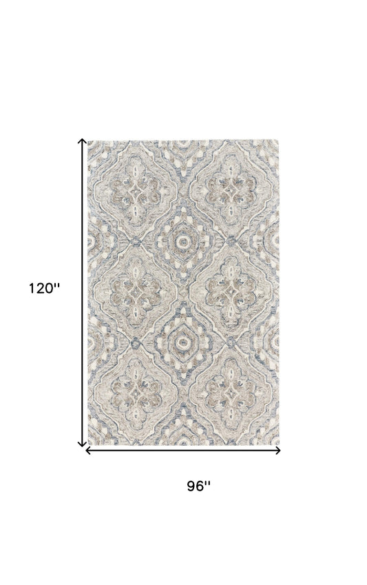 8' X 10' Taupe Blue And Gray Wool Floral Tufted Handmade Stain Resistant Area Rug