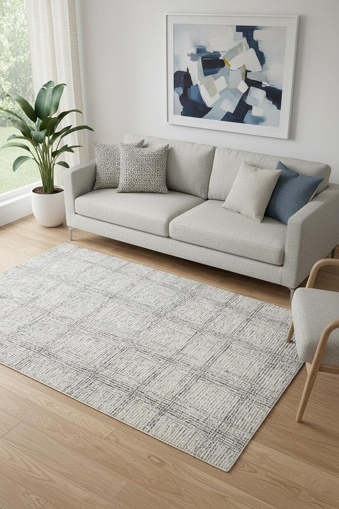 5' X 8' Ivory And Gray Wool Plaid Tufted Handmade Stain Resistant Area Rug