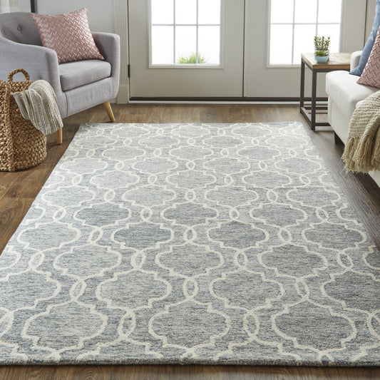 5' X 8' Blue Gray And Ivory Wool Geometric Tufted Handmade Stain Resistant Area Rug