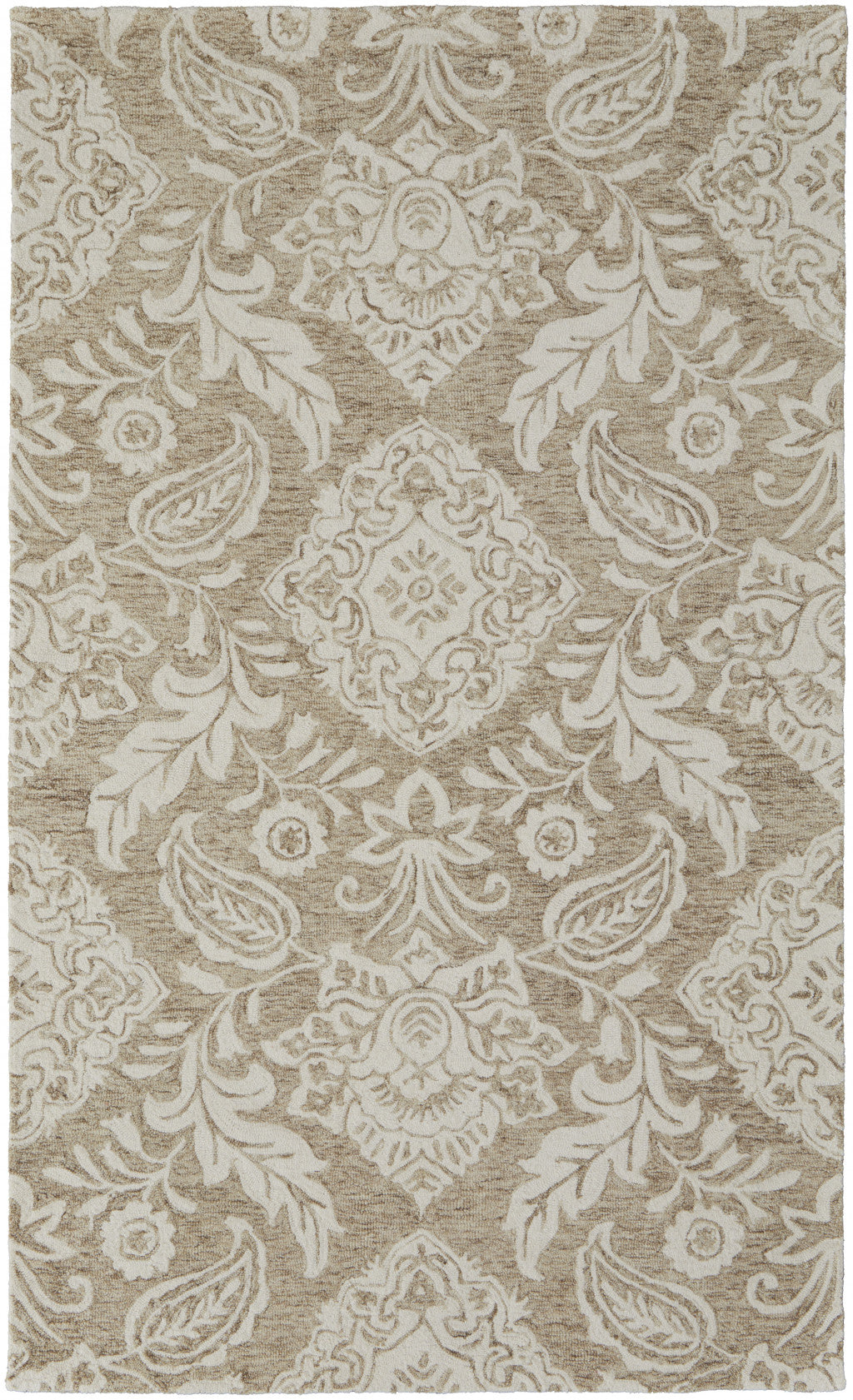 5' X 8' Tan And Ivory Wool Paisley Tufted Handmade Stain Resistant Area Rug