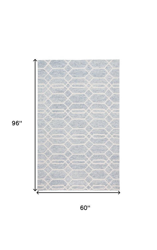 5' X 8' Blue And Ivory Wool Geometric Tufted Handmade Stain Resistant Area Rug