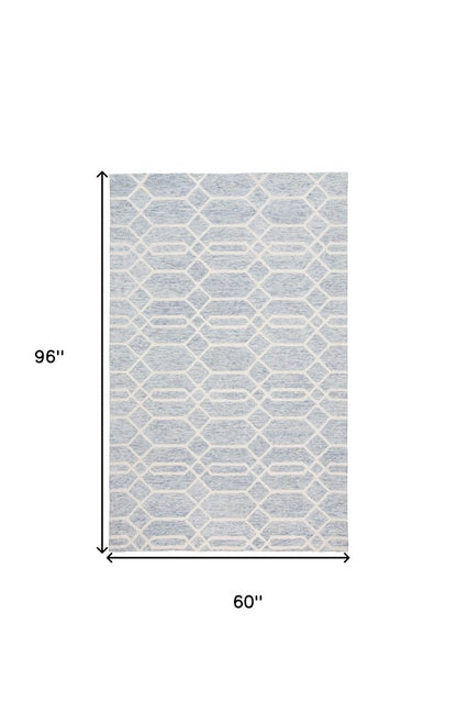 5' X 8' Blue And Ivory Wool Geometric Tufted Handmade Stain Resistant Area Rug