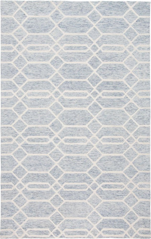 5' X 8' Blue And Ivory Wool Geometric Tufted Handmade Stain Resistant Area Rug