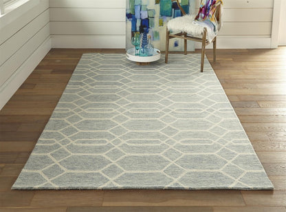 5' X 8' Blue And Ivory Wool Geometric Tufted Handmade Stain Resistant Area Rug