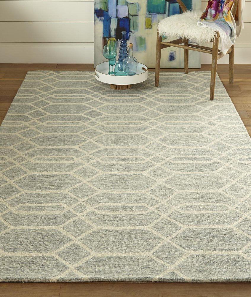 5' X 8' Blue And Ivory Wool Geometric Tufted Handmade Stain Resistant Area Rug