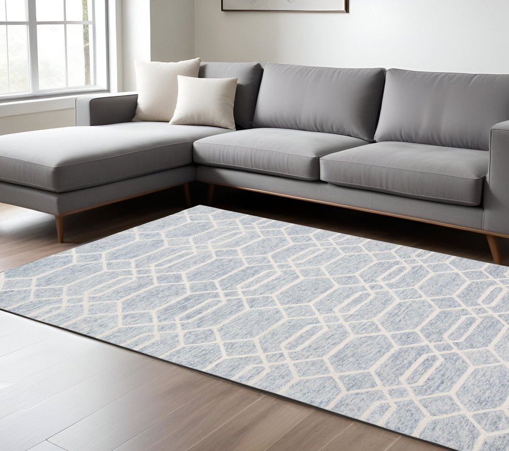 5' X 8' Blue And Ivory Wool Geometric Tufted Handmade Stain Resistant Area Rug