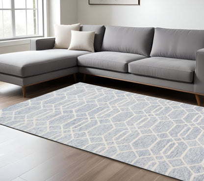 5' X 8' Blue And Ivory Wool Geometric Tufted Handmade Stain Resistant Area Rug