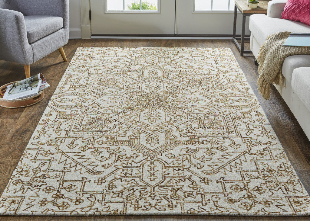 5' X 8' Ivory And Brown Wool Floral Tufted Handmade Stain Resistant Area Rug