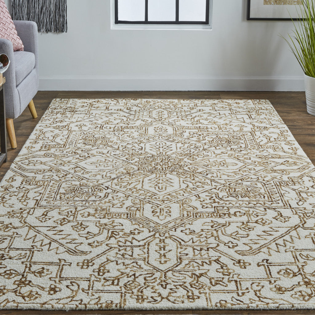 5' X 8' Ivory And Brown Wool Floral Tufted Handmade Stain Resistant Area Rug