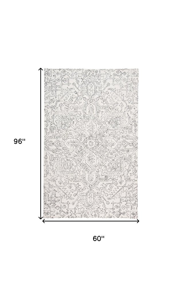 5' X 8' Ivory And Gray Wool Floral Tufted Handmade Stain Resistant Area Rug