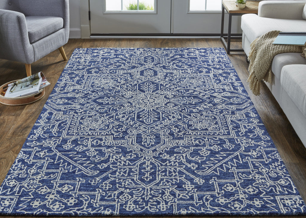 2' X 3' Blue Ivory And Green Wool Floral Tufted Handmade Stain Resistant Area Rug