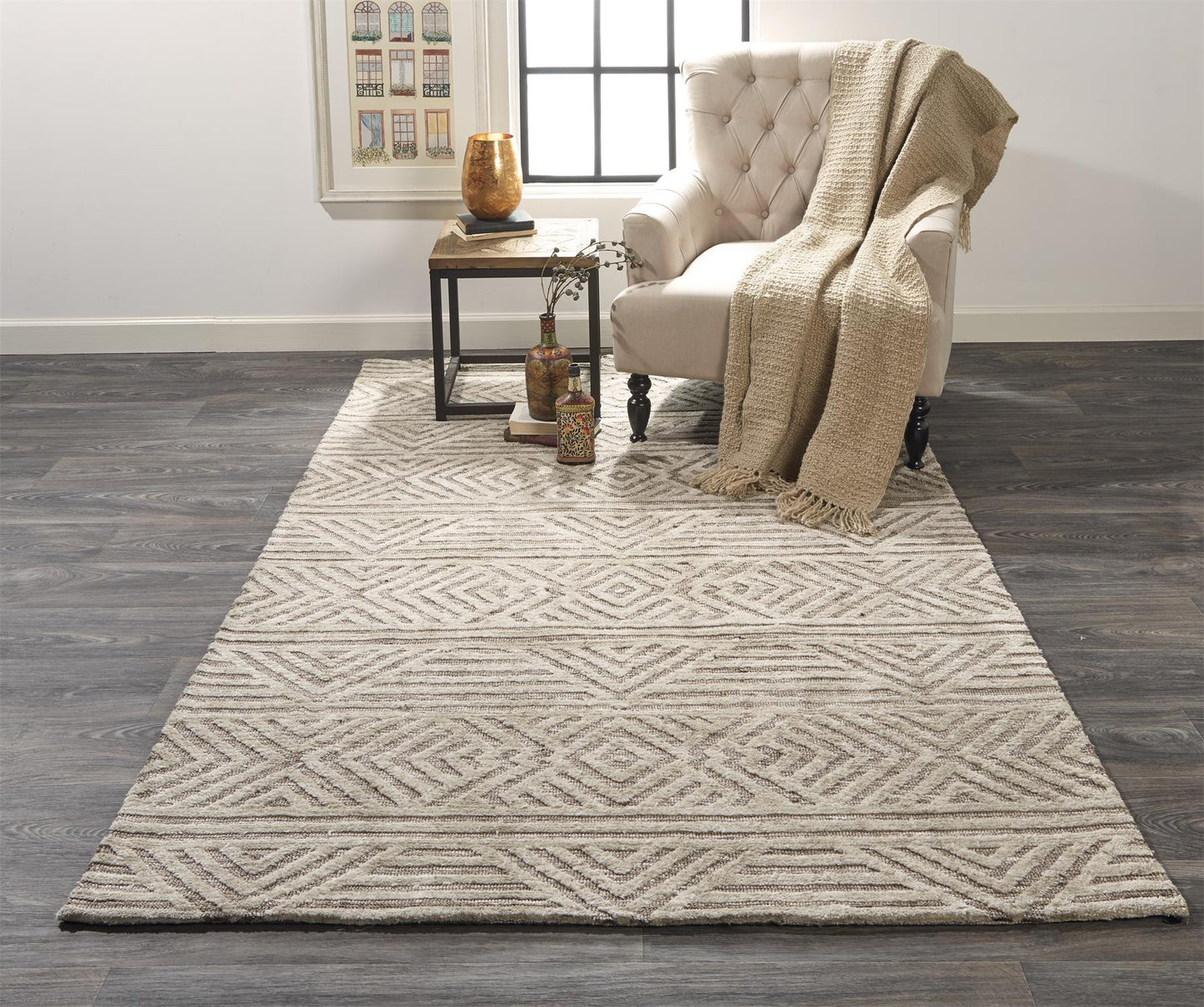 5' X 8' Tan Ivory And Brown Geometric Stain Resistant Area Rug