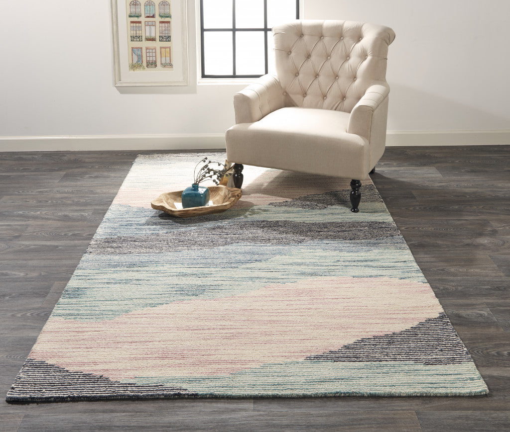 4' X 6' Pink Green And Blue Wool Abstract Tufted Handmade Area Rug