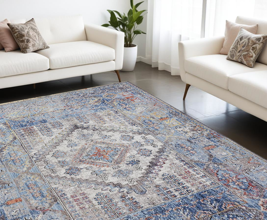 8' X 10' Blue and Ivory Floral Area Rug