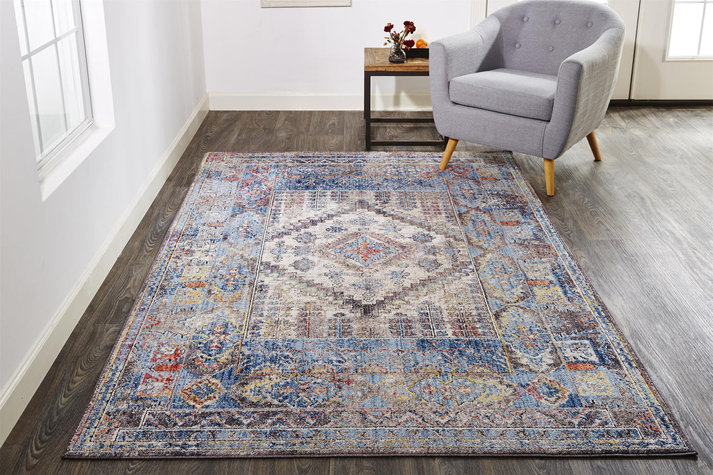 8' X 10' Blue and Ivory Floral Area Rug