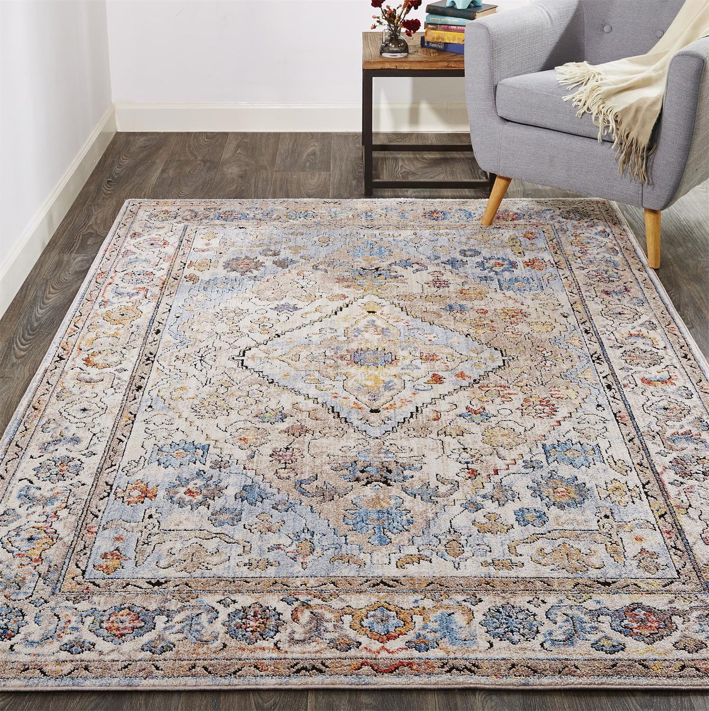 7' X 10' Blue and Gray Floral Area Rug