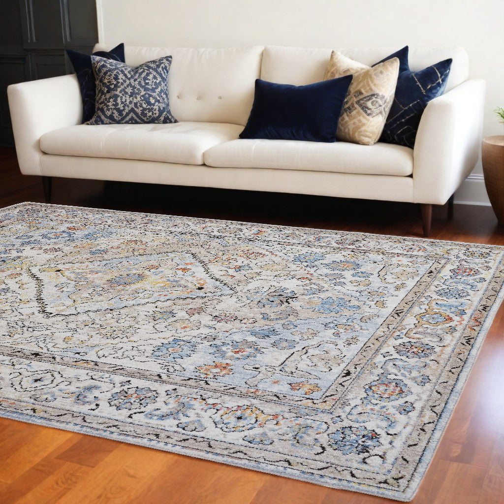 7' X 10' Blue and Gray Floral Area Rug