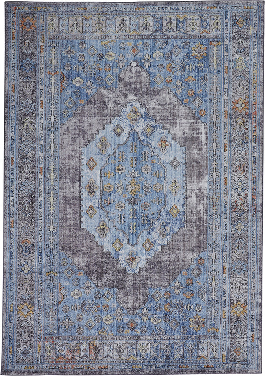 8' X 10' Blue Gray And Gold Floral Stain Resistant Area Rug