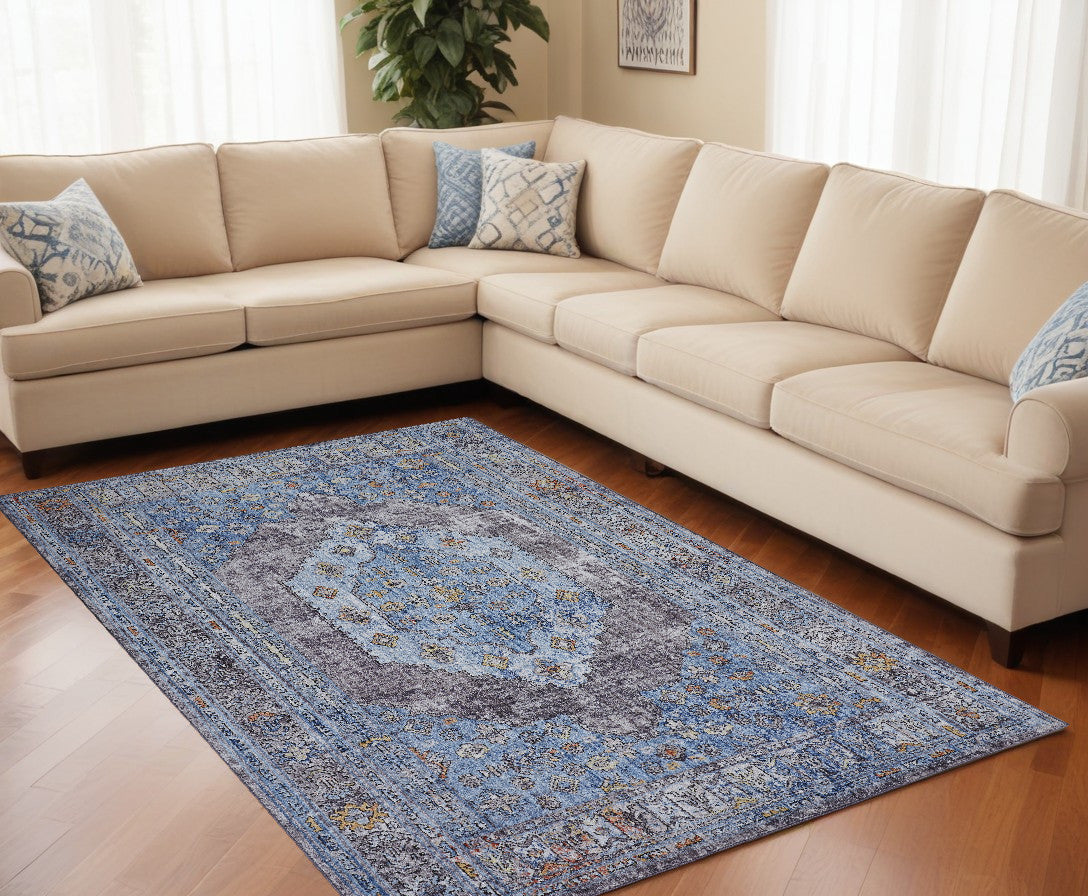 8' X 10' Blue and Gray Floral Area Rug