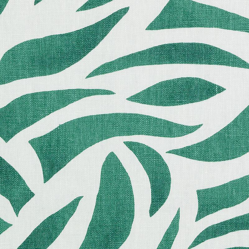 Teal abstract leaf pattern on white textured fabric; linen-like weave, modern tropical textile.
