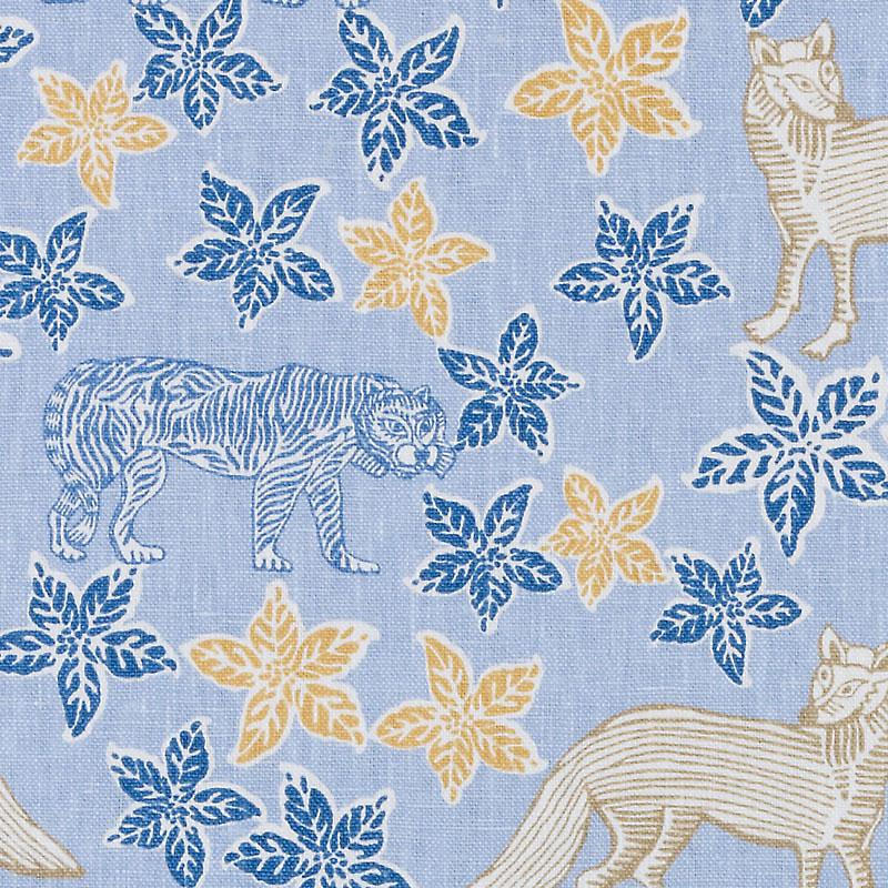 Light blue linen-like fabric with blue and yellow leaf motifs and outlined tiger and fox figures.