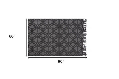 8' X 10' Black and Gray Wool Geometric Hand Woven Area Rug With Fringe