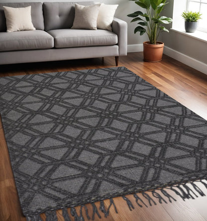 8' X 10' Black and Gray Wool Geometric Hand Woven Area Rug With Fringe