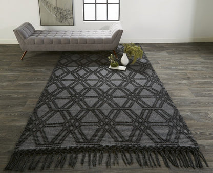 8' X 10' Black and Gray Wool Geometric Hand Woven Area Rug With Fringe