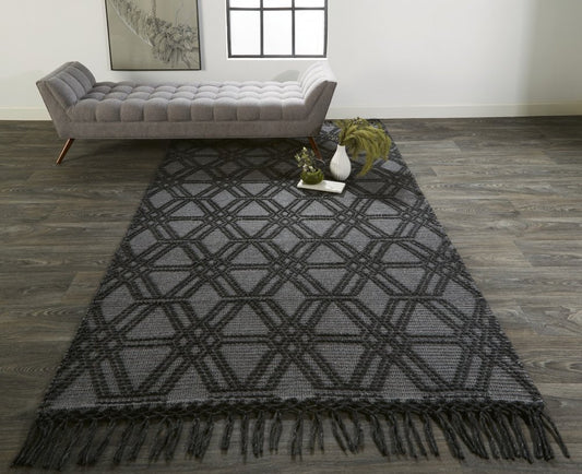 8' X 10' Black and Gray Wool Geometric Hand Woven Area Rug With Fringe
