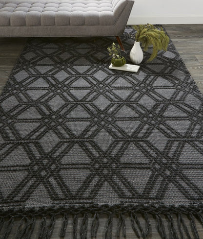 8' X 10' Black and Gray Wool Geometric Hand Woven Area Rug With Fringe