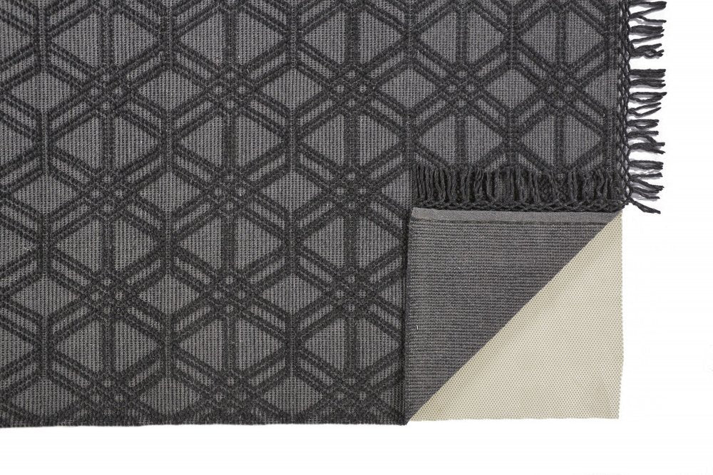 8' X 10' Black and Gray Wool Geometric Hand Woven Area Rug With Fringe