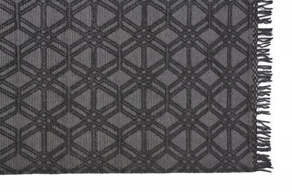 8' X 10' Black and Gray Wool Geometric Hand Woven Area Rug With Fringe