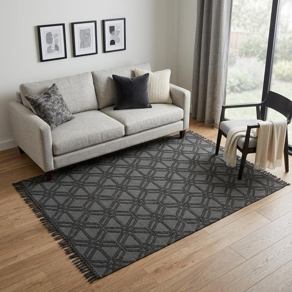 5' X 8' Black and Gray Wool Geometric Hand Woven Area Rug With Fringe