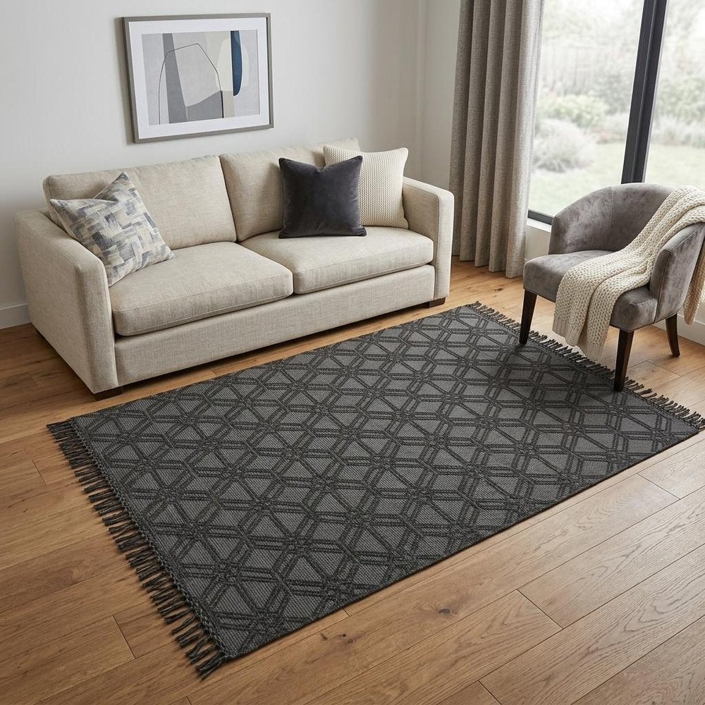 5' X 8' Black and Gray Wool Geometric Hand Woven Area Rug With Fringe