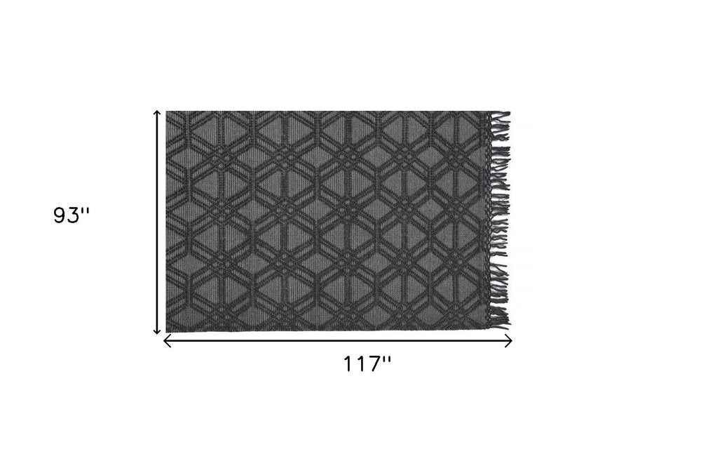 8' X 10' Black and Gray Wool Geometric Hand Woven Area Rug With Fringe