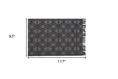 8' X 10' Black and Gray Wool Geometric Hand Woven Area Rug With Fringe