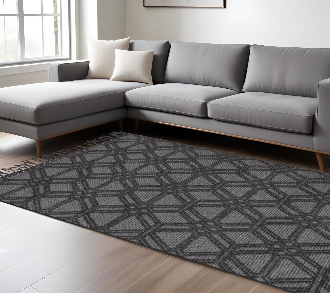 5' X 8' Black and Gray Wool Geometric Hand Woven Area Rug With Fringe