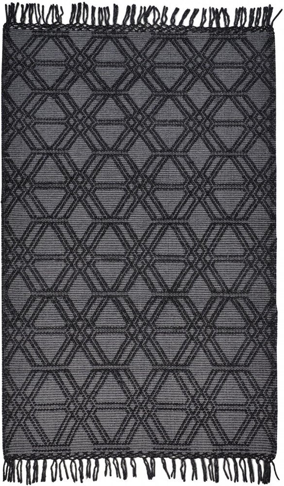 8' X 10' Black and Gray Wool Geometric Hand Woven Area Rug With Fringe