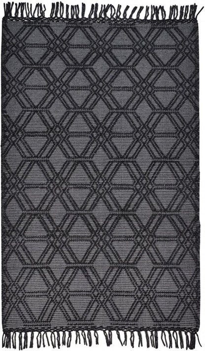 8' X 10' Black and Gray Wool Geometric Hand Woven Area Rug With Fringe