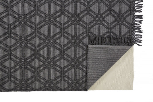 5' X 8' Black And Gray Wool Geometric Hand Woven Area Rug With Fringe