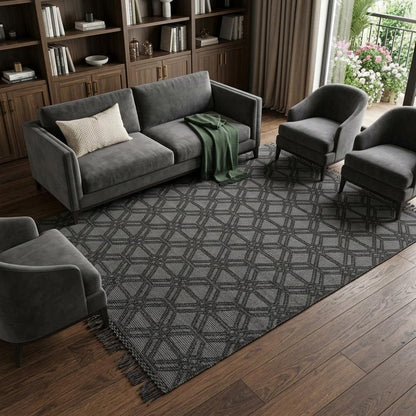 8' X 10' Black and Gray Wool Geometric Hand Woven Area Rug With Fringe