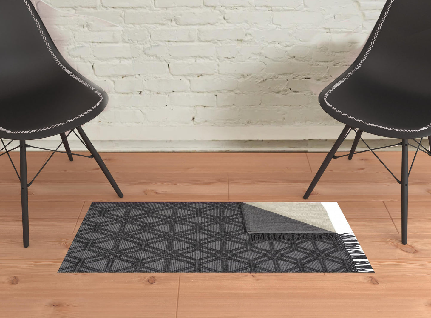 4' X 6' Black And Gray Wool Geometric Hand Woven Area Rug With Fringe