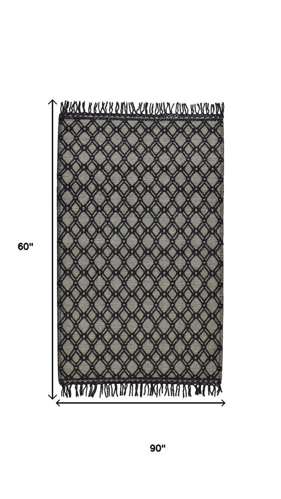 5' X 8' Black And Ivory Wool Geometric Hand Woven Area Rug With Fringe