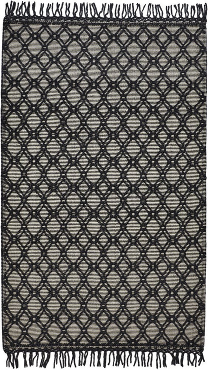 5' X 8' Black And Ivory Wool Geometric Hand Woven Area Rug With Fringe